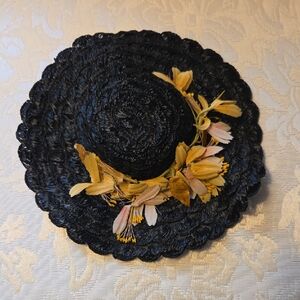 Vintage 1950's Sissy Black Straw Hat w/Silk Flowers